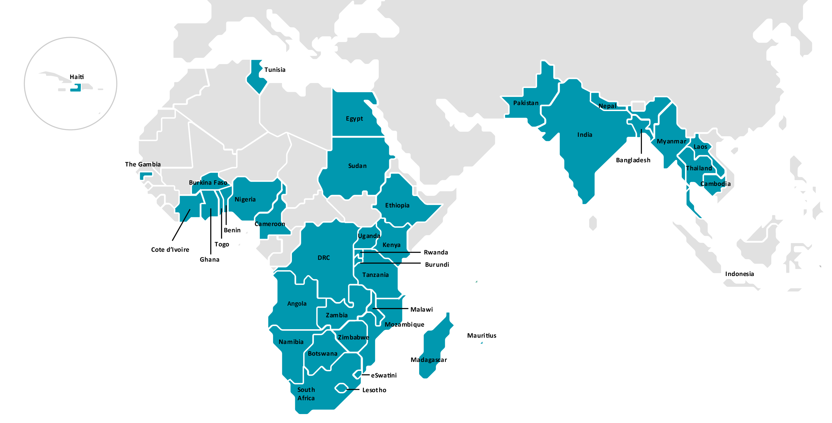 World map showing FinMark Trust’s footprint across Africa, South Asia, Southeast Asia and Haiti